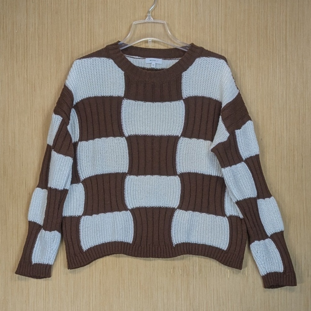 Better Be Checkerboard Retro‎ Knit Sweater Brown Cream Women's Large Cozy Casual
